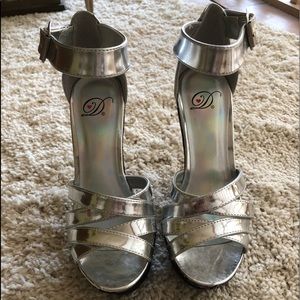 Silver and Black Lace Ankle Strap Wedge Heels